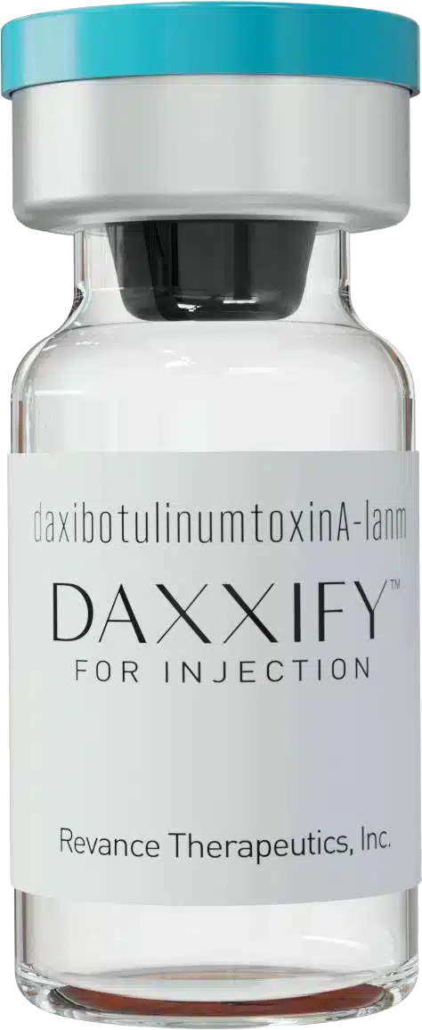 DAXXIFY-Vial-Image - The Skin Suite - The Skin Suite Vial labeled DAXXIFY for injection with a turquoise cap and clear glass body